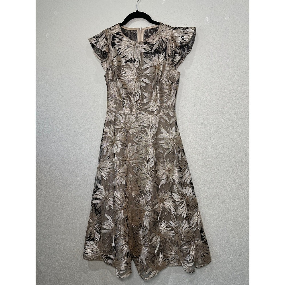 Antonio Melani Gold Silver Floral Embroidered Sequin Cocktail Dress Size 0